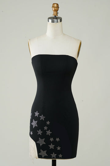 Stilig Sheath Strapless Black Short Homecoming Dress med dusk